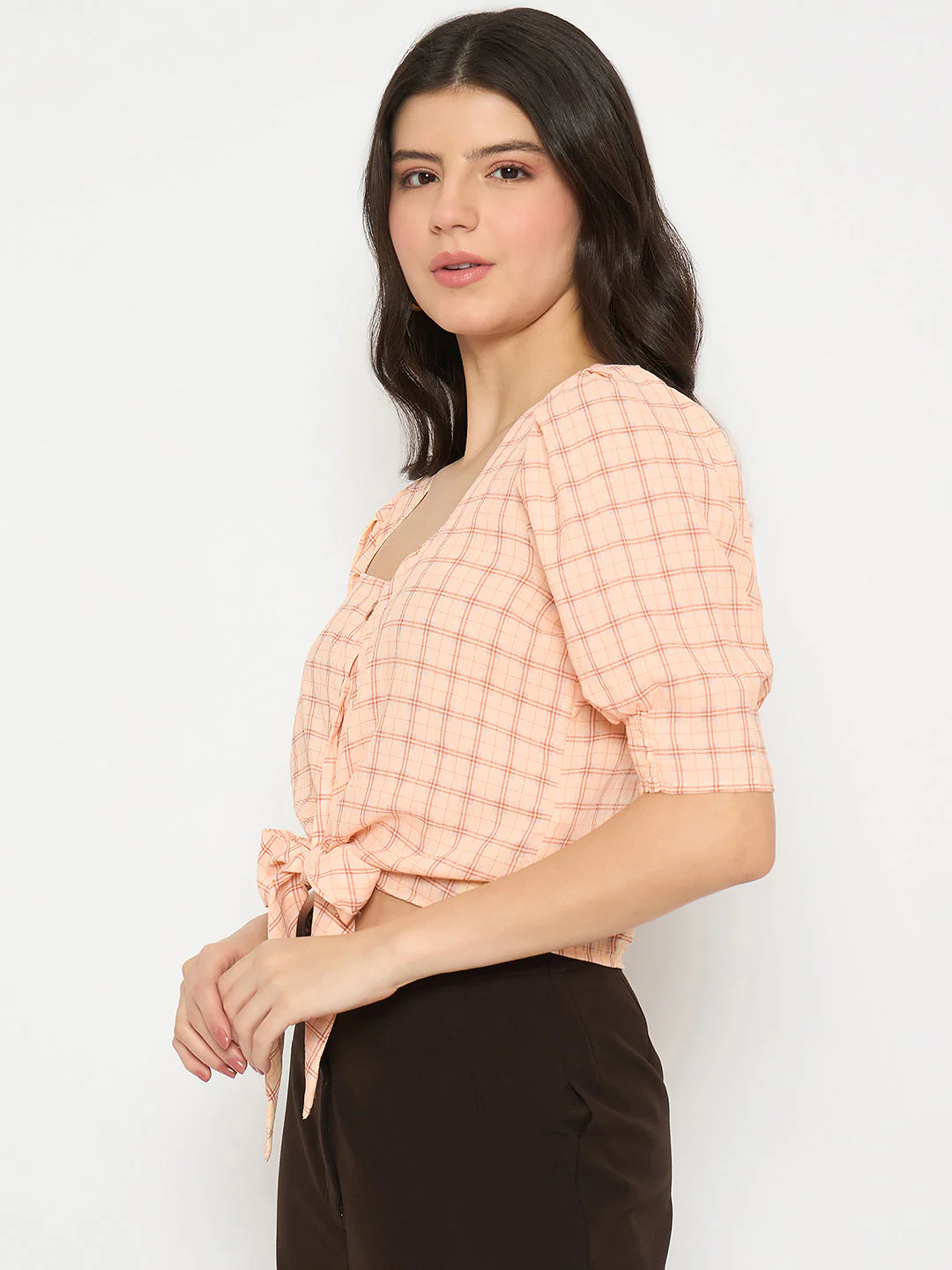 Madame Chequered Knotted Front Pink Crop Top - Image 5