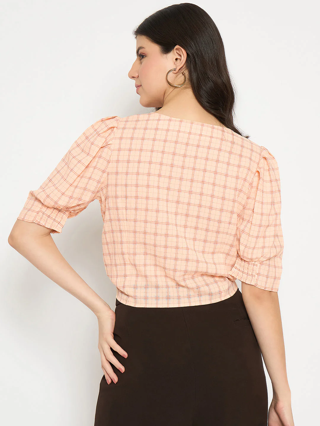 Madame Chequered Knotted Front Pink Crop Top - Image 6