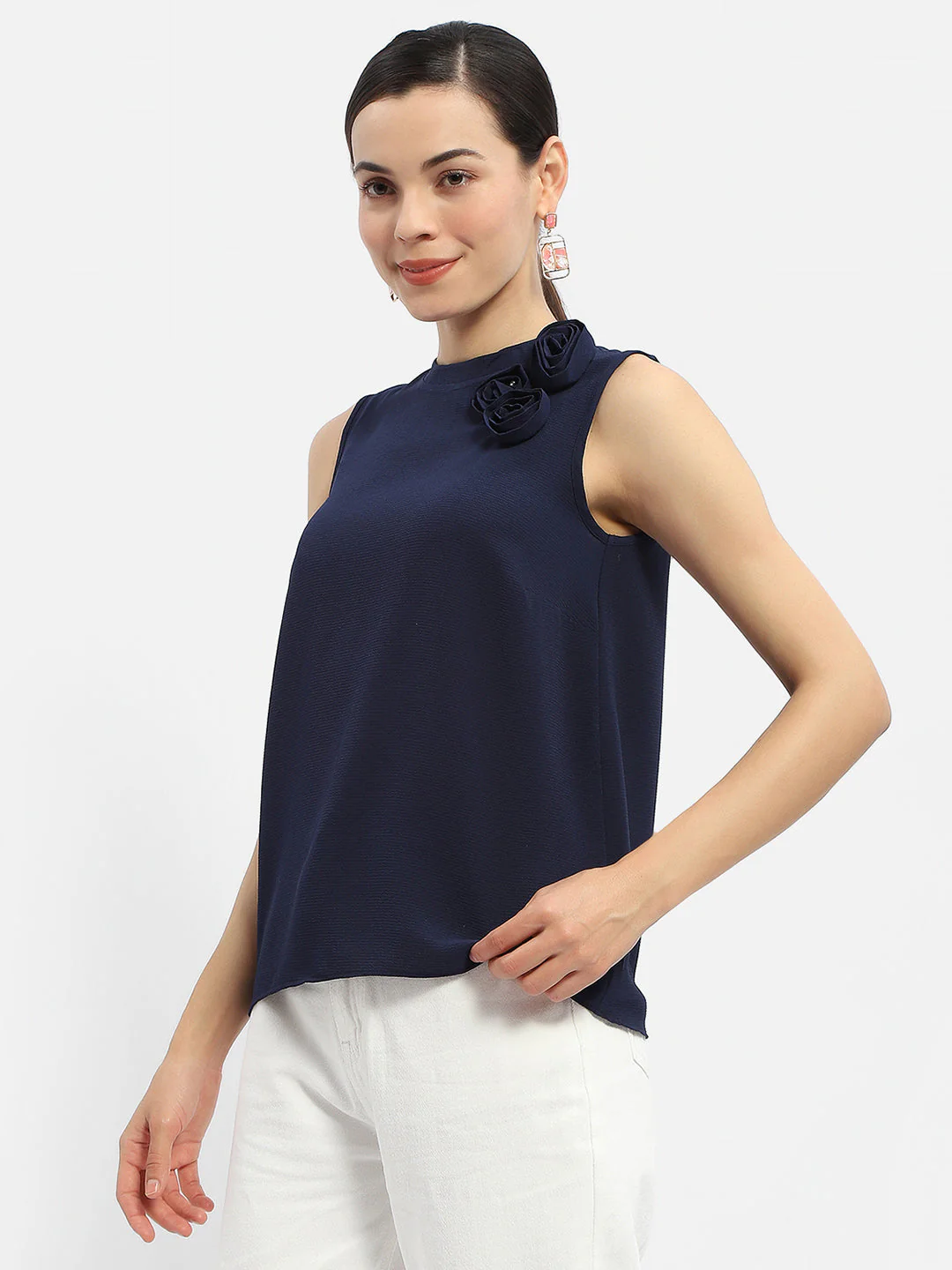Madame Applique Adorned Navy Blue Shimmer Top - Image 3