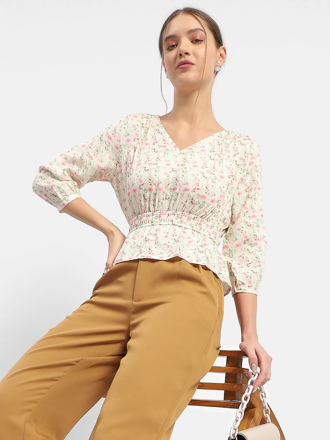 Madame Floral Print Pink Peplum Top - Image 2