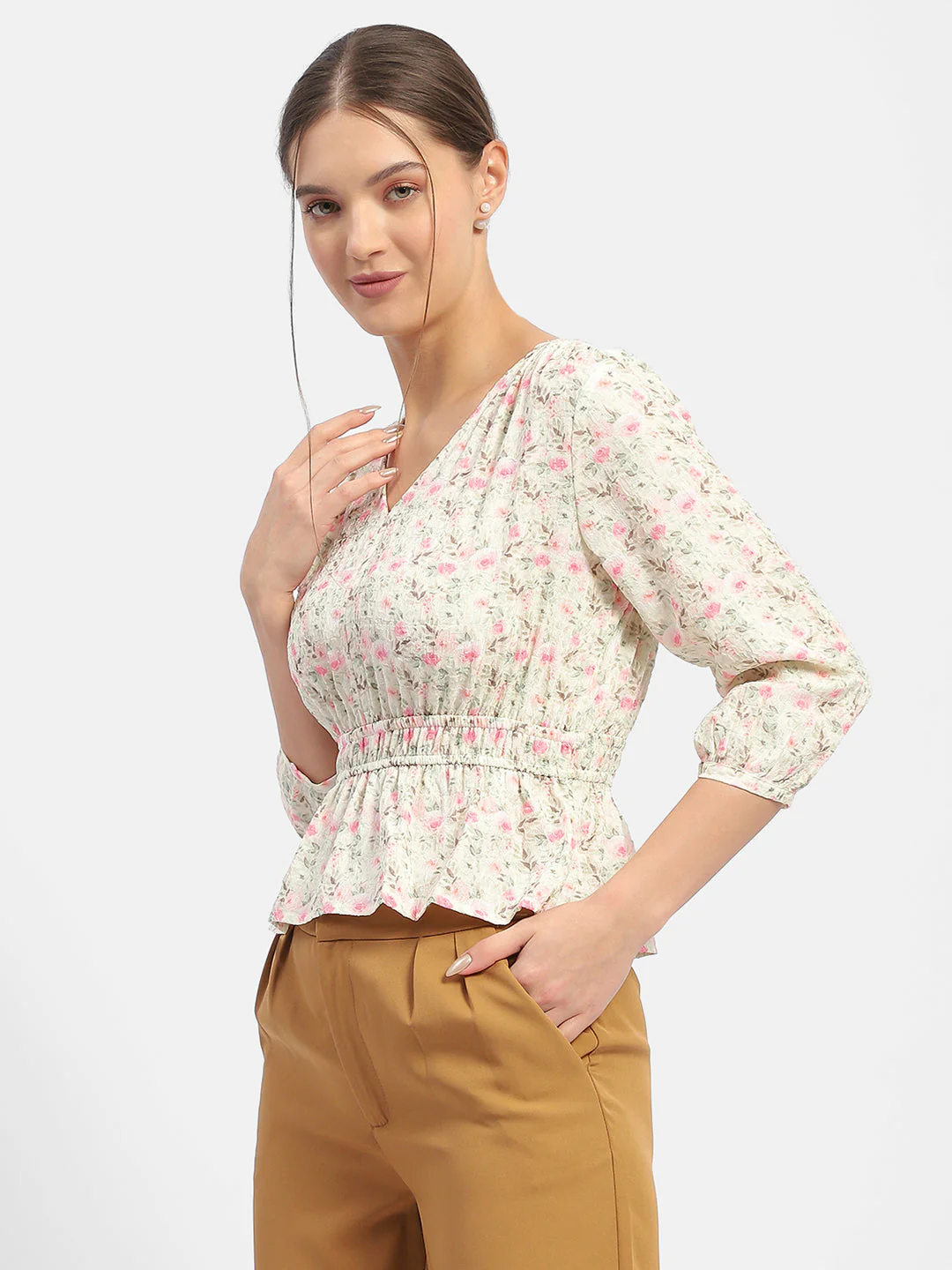 Madame Floral Print Pink Peplum Top - Image 5