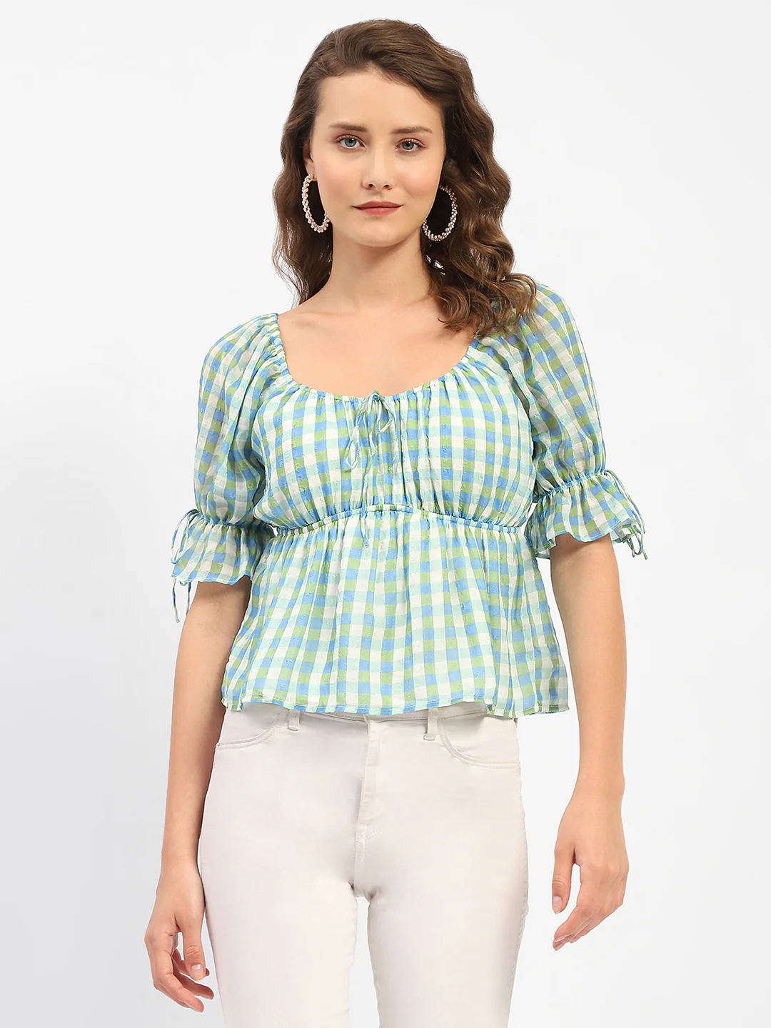 Madame Chequered Blue Off-Shoulder Top - Image 3