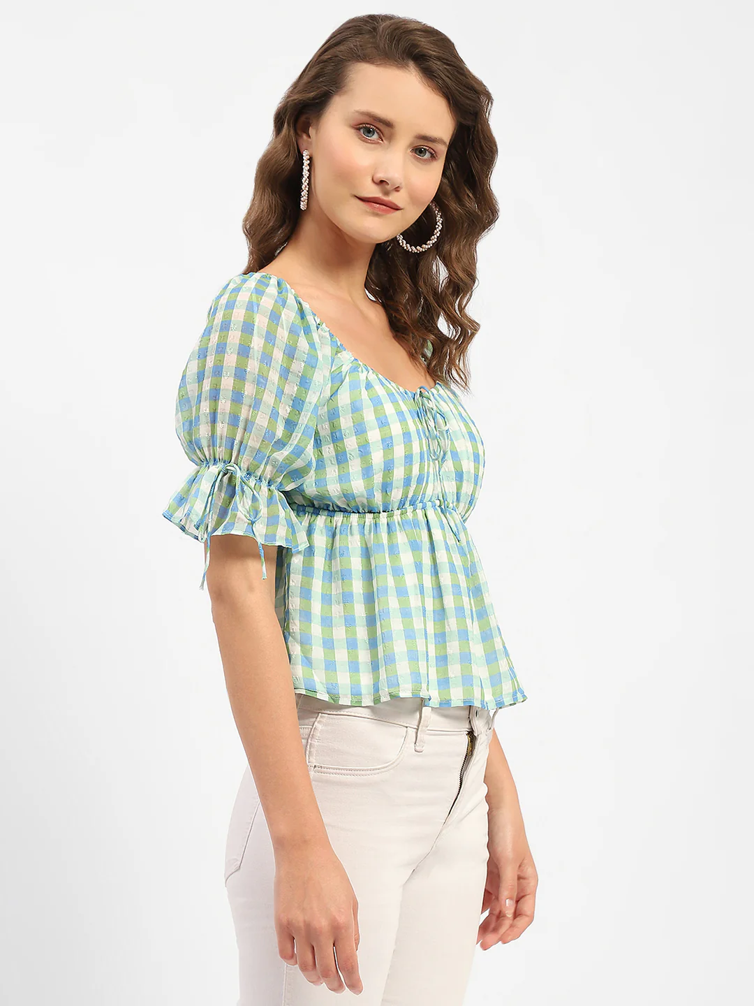 Madame Chequered Blue Off-Shoulder Top - Image 4