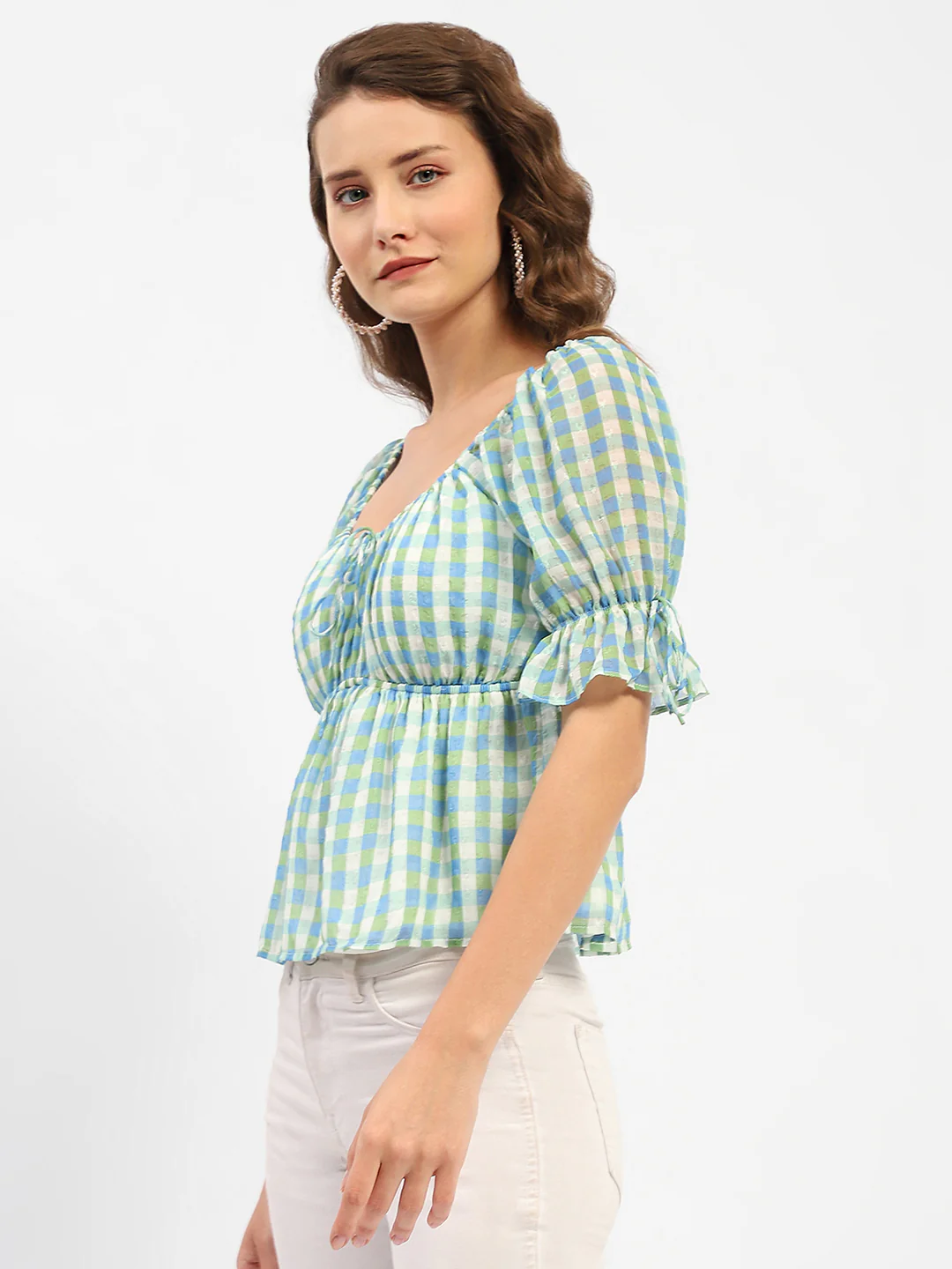 Madame Chequered Blue Off-Shoulder Top - Image 5