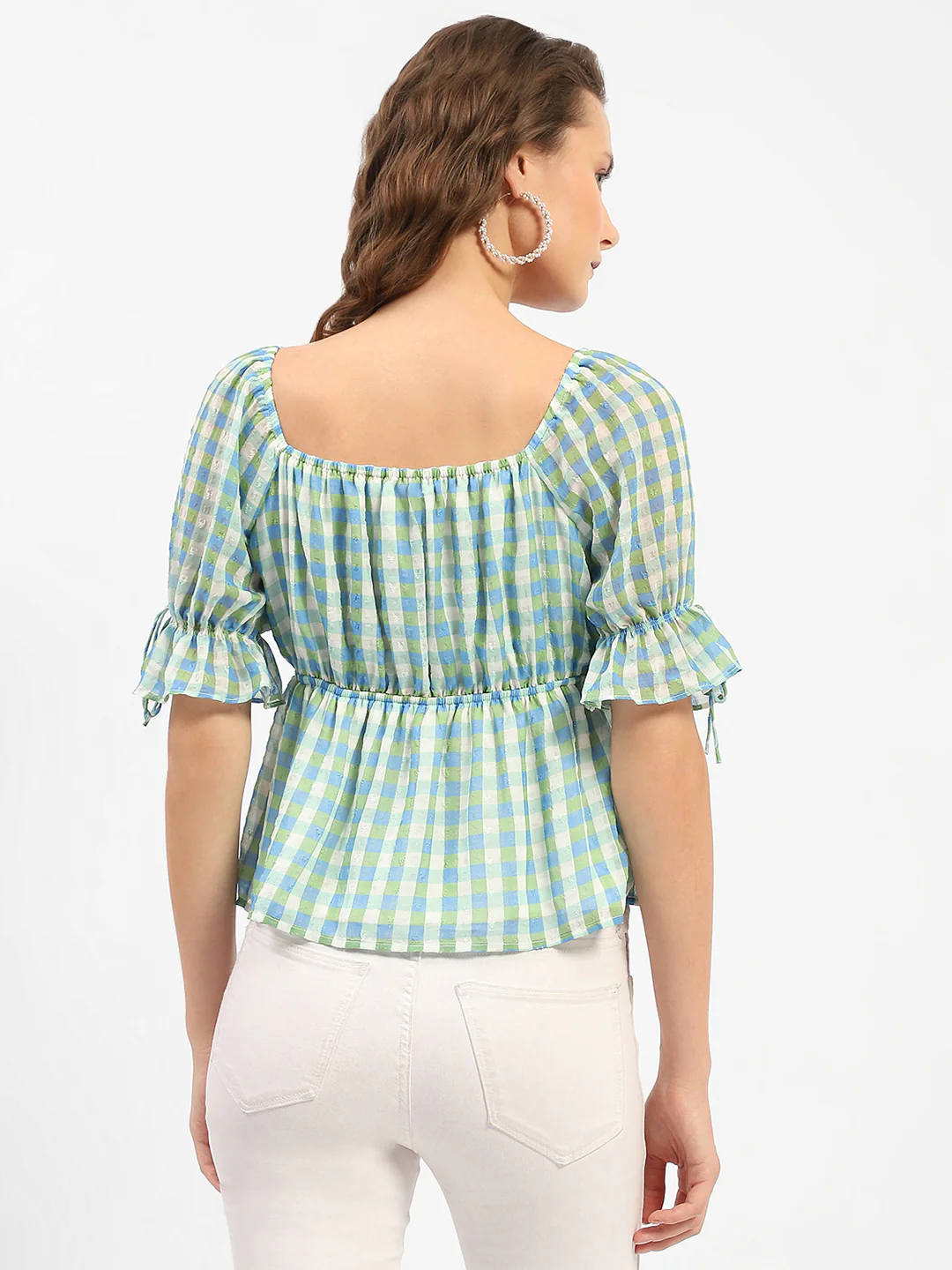 Madame Chequered Blue Off-Shoulder Top - Image 6