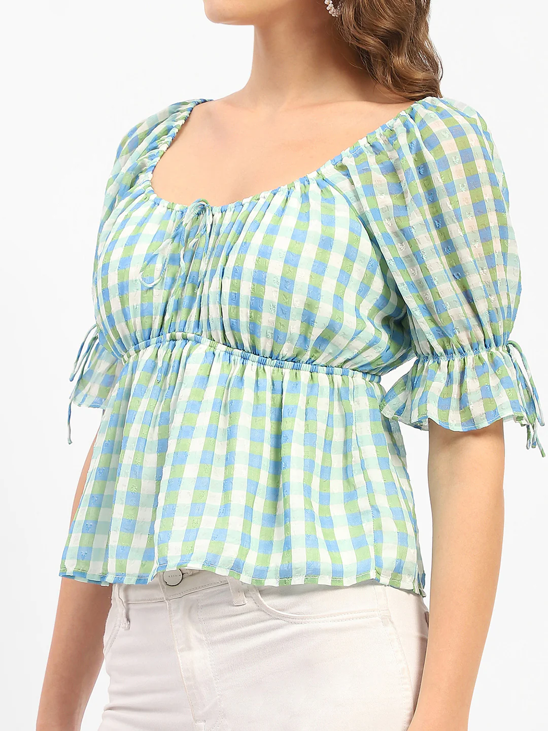Madame Chequered Blue Off-Shoulder Top - Image 7