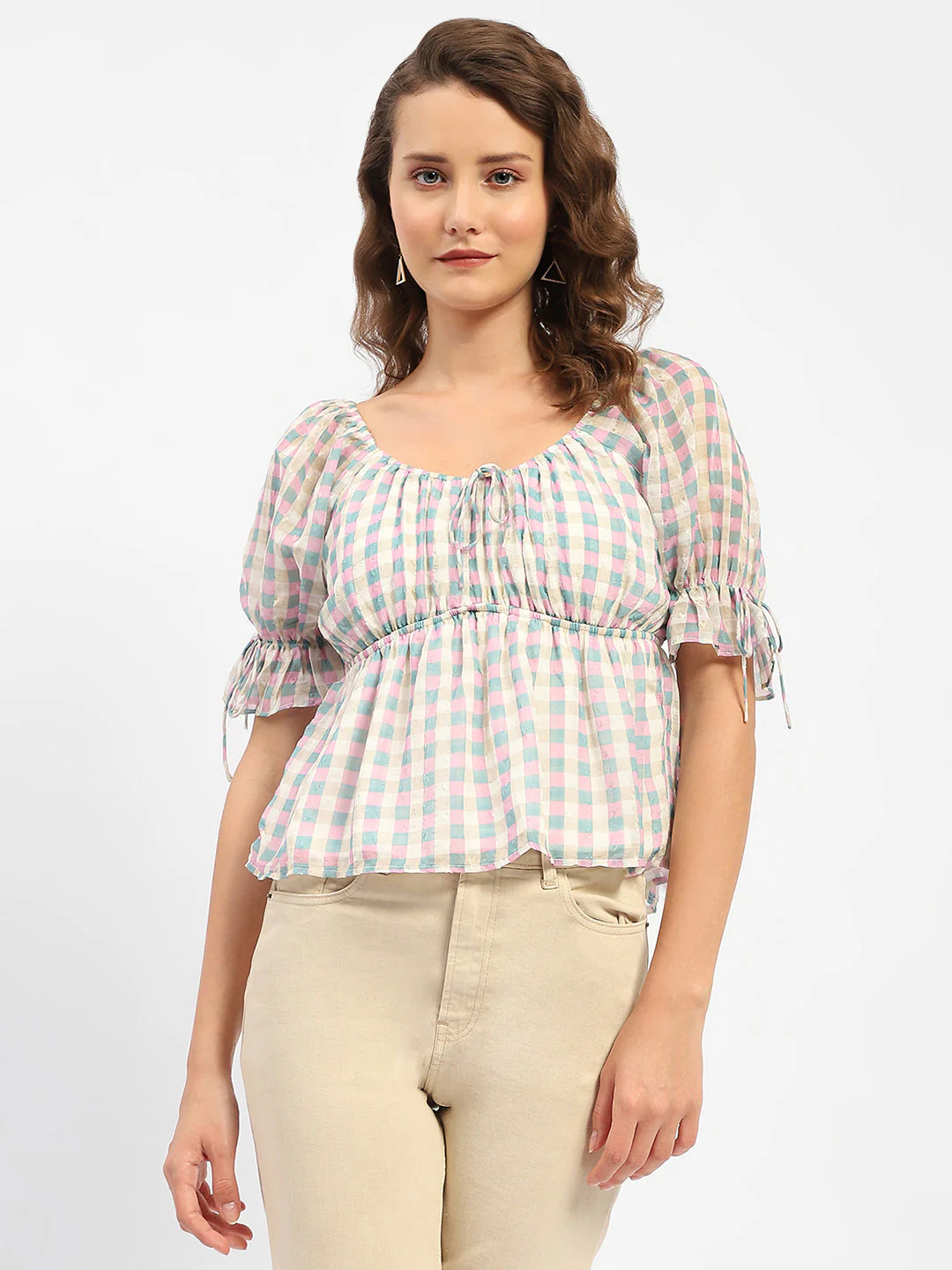 Madame Chequered Pink Off-Shoulder Top - Image 2