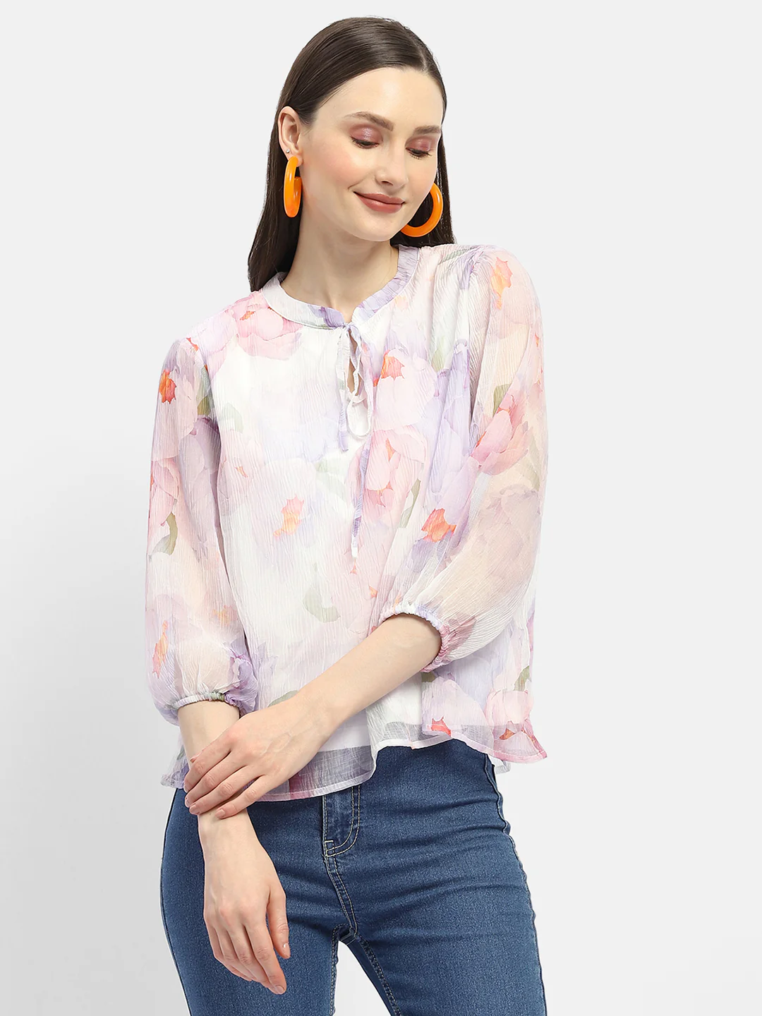Madame Tie-Up Neck Off-White Floral Top - Image 3
