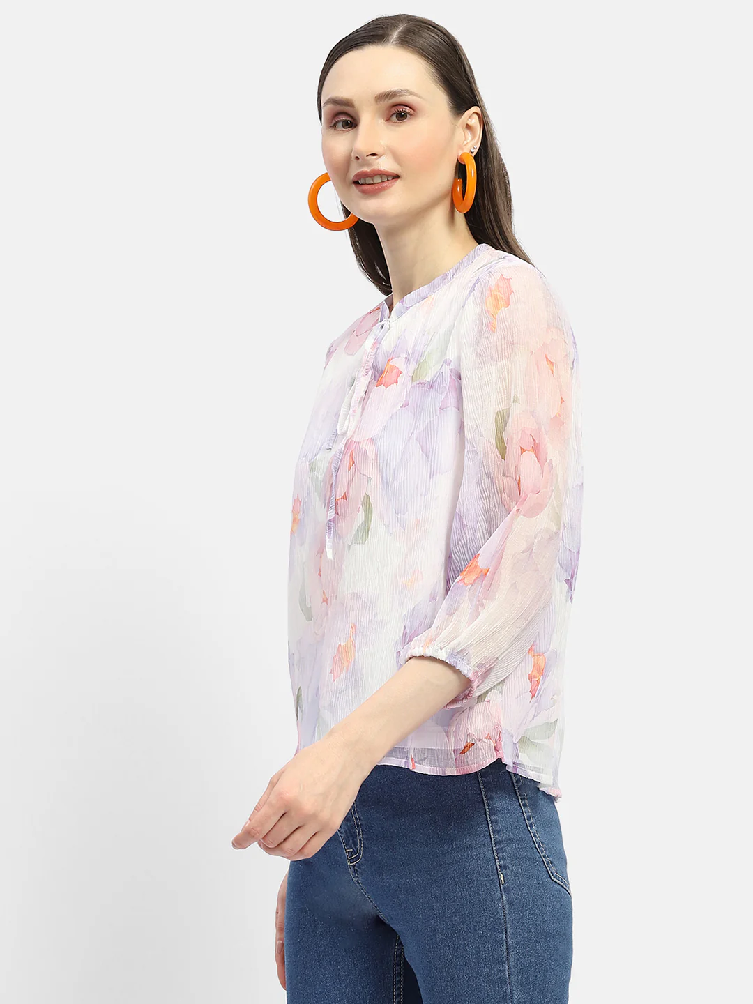 Madame Tie-Up Neck Off-White Floral Top - Image 5