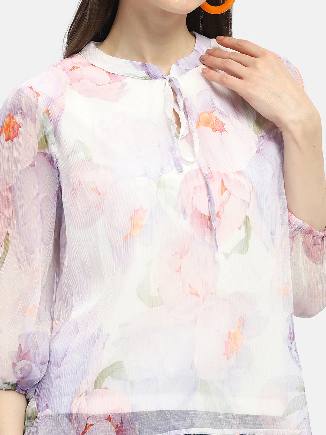 Madame Tie-Up Neck Off-White Floral Top - Image 7
