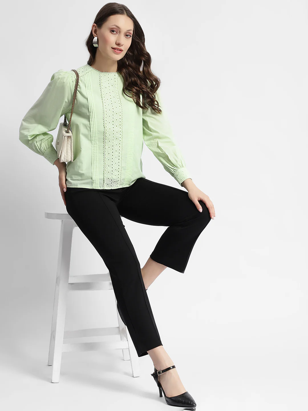 Madame Schiffli Adorned Puff Sleeve Mint Green Top - Image 2