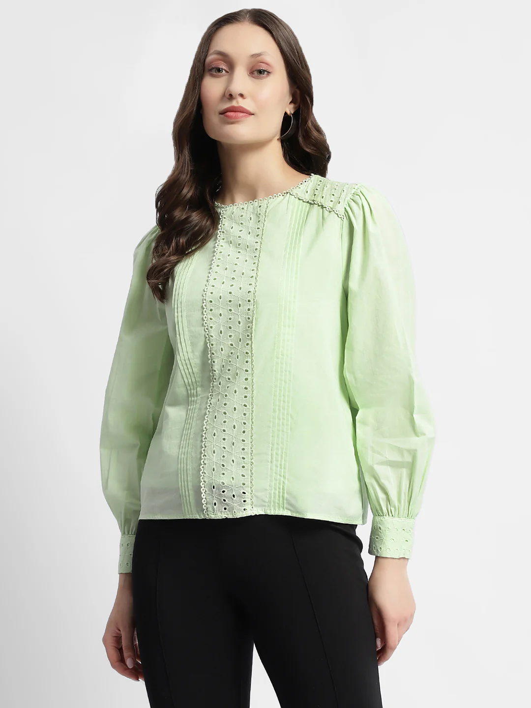 Madame Schiffli Adorned Puff Sleeve Mint Green Top - Image 3