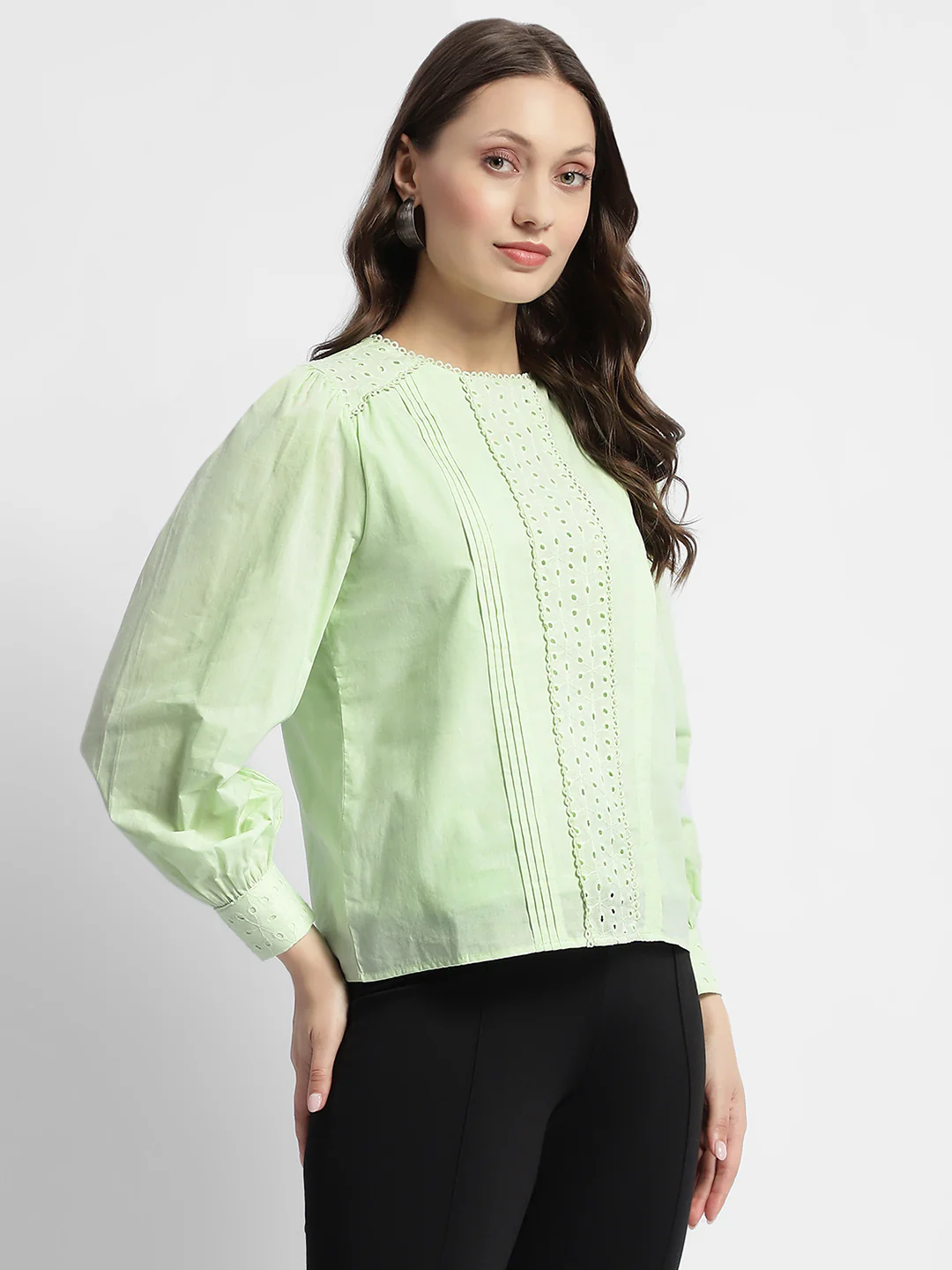 Madame Schiffli Adorned Puff Sleeve Mint Green Top - Image 4