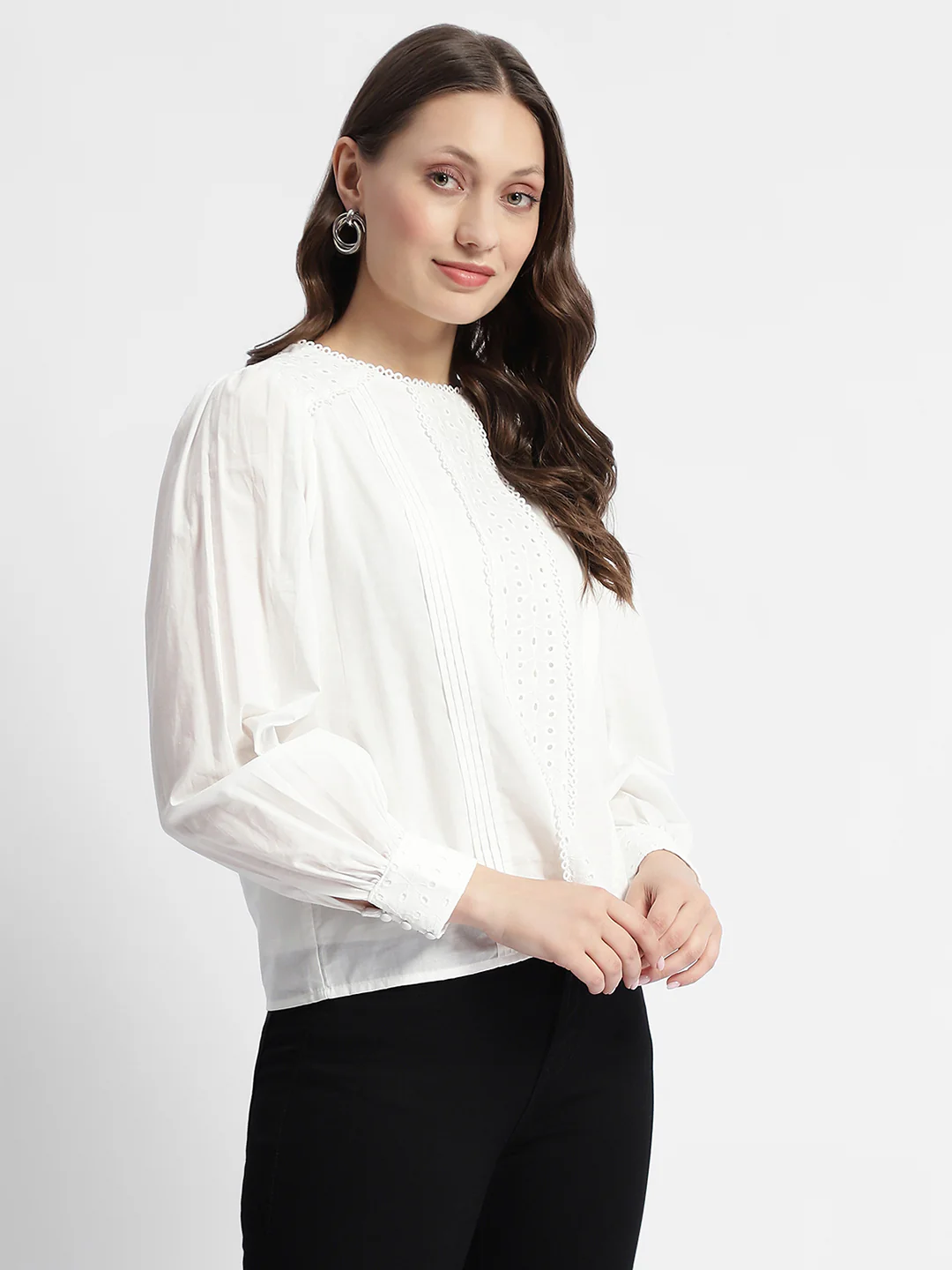 Madame Schiffli Adorned Puff Sleeve White Top - Image 3