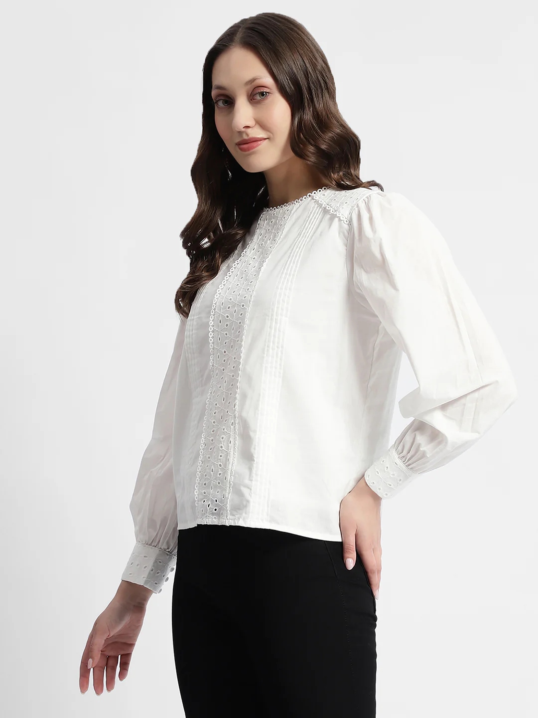 Madame Schiffli Adorned Puff Sleeve White Top - Image 4