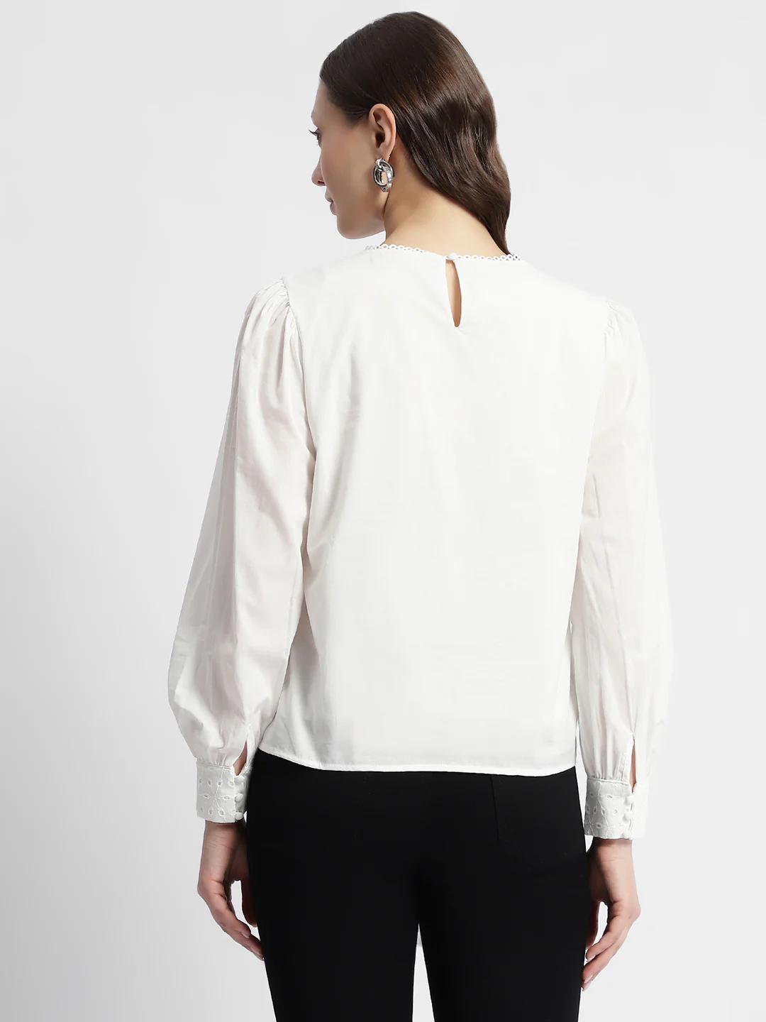 Madame Schiffli Adorned Puff Sleeve White Top - Image 5