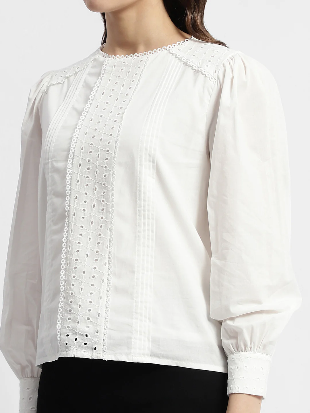 Madame Schiffli Adorned Puff Sleeve White Top - Image 6