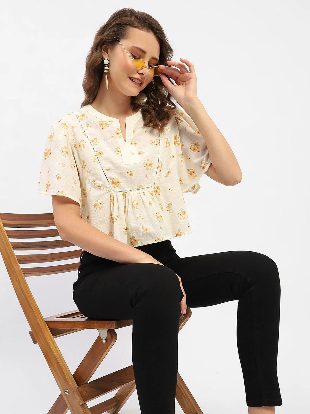 Madame Mandarin Collar Ruffle Detailing Printed Cotton Peplum Top - Image 2
