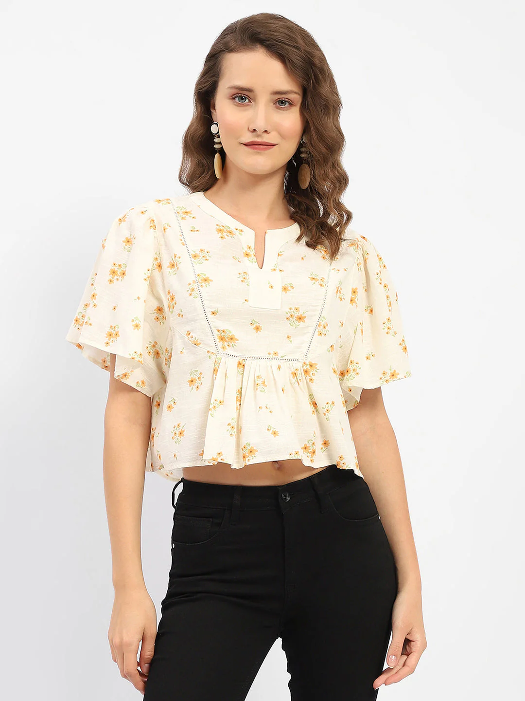 Madame Mandarin Collar Ruffle Detailing Printed Cotton Peplum Top - Image 3