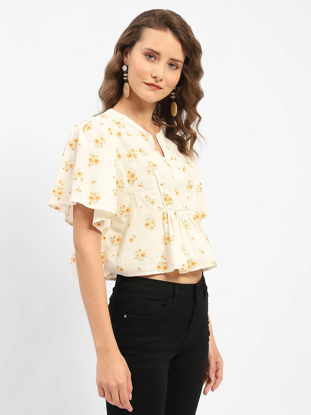 Madame Mandarin Collar Ruffle Detailing Printed Cotton Peplum Top - Image 4