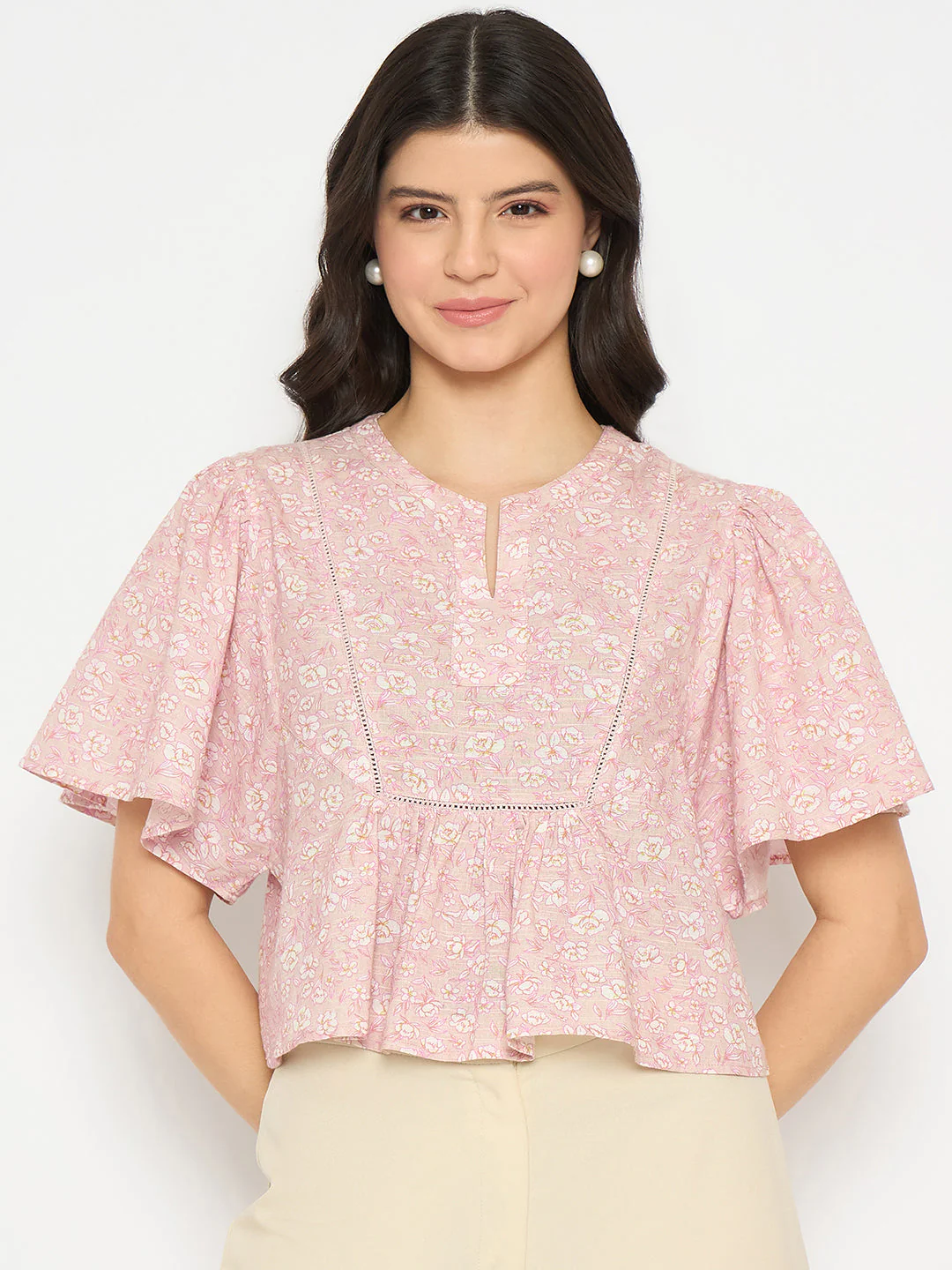 Madame Floral Print Pink Cotton Peplum Top - Image 3