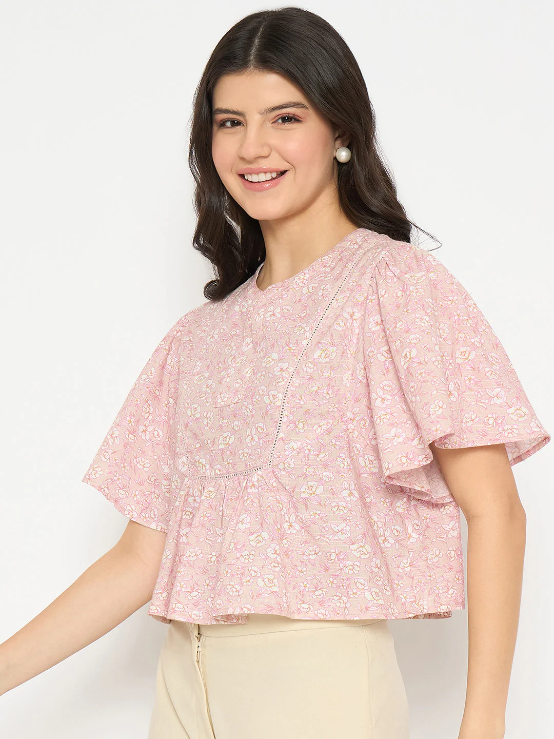 Madame Floral Print Pink Cotton Peplum Top - Image 5
