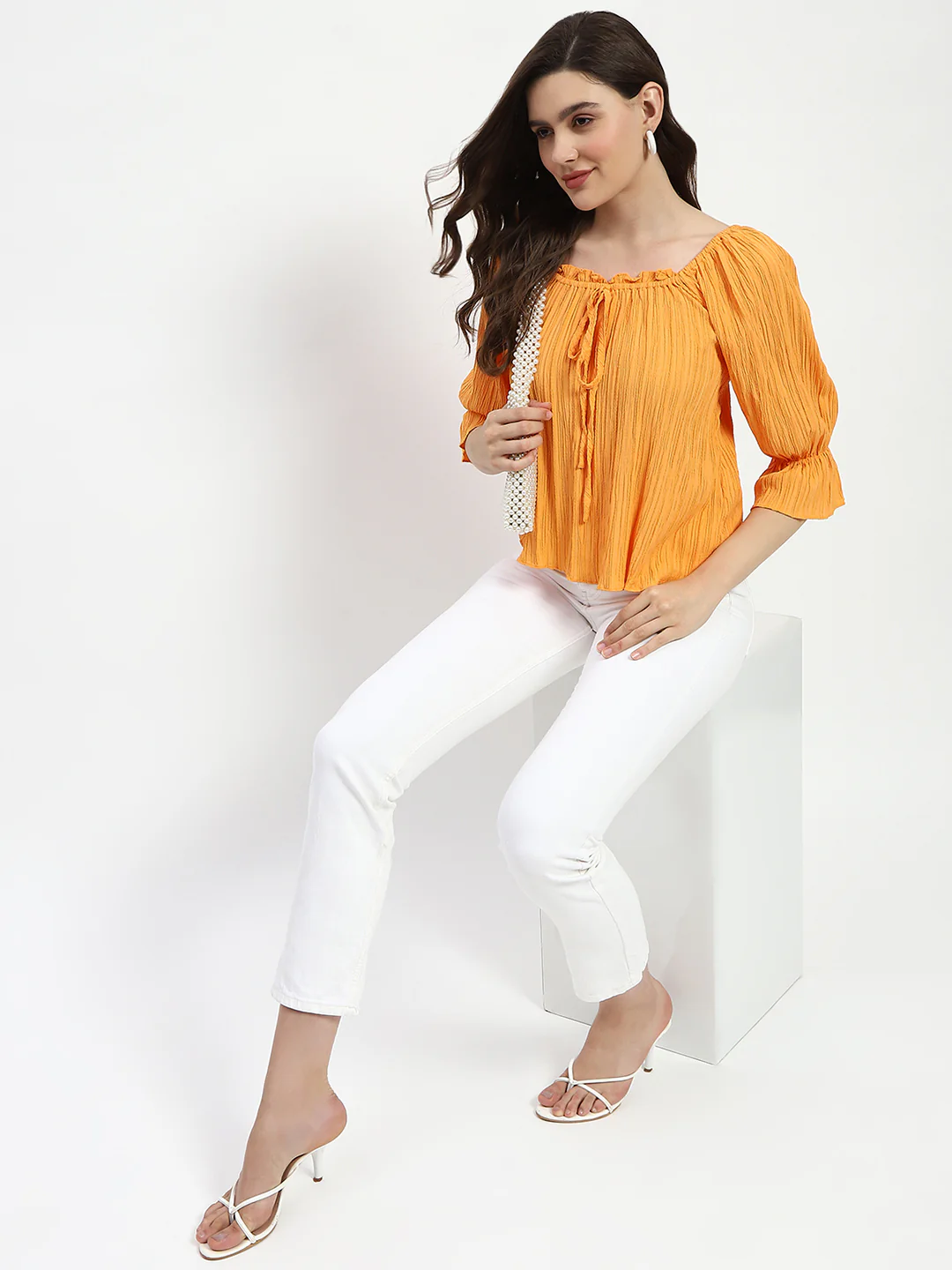 Madame Textured Cotton Blend Smocked Orange Top - Image 2