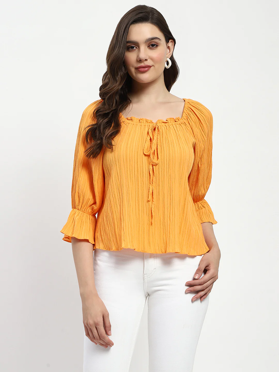 Madame Textured Cotton Blend Smocked Orange Top - Image 3