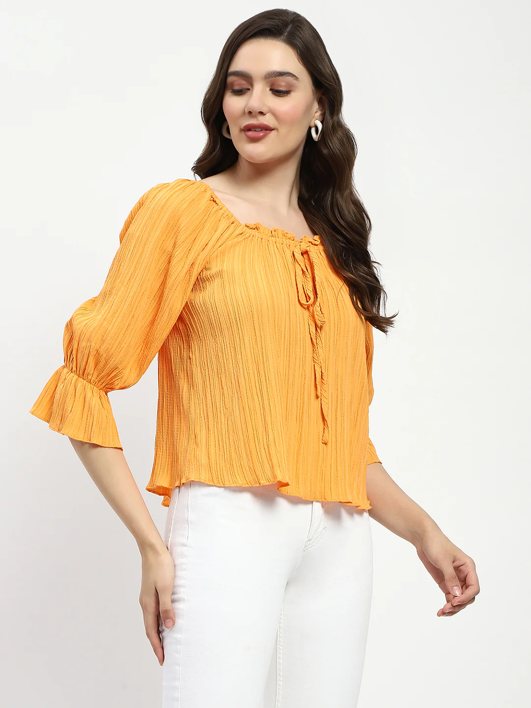 Madame Textured Cotton Blend Smocked Orange Top - Image 4