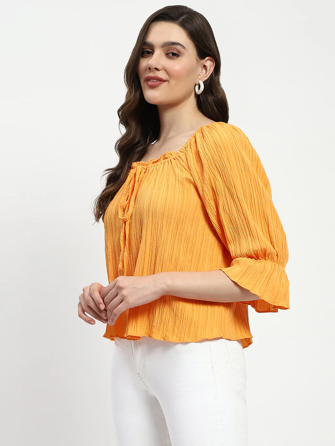 Madame Textured Cotton Blend Smocked Orange Top - Image 5