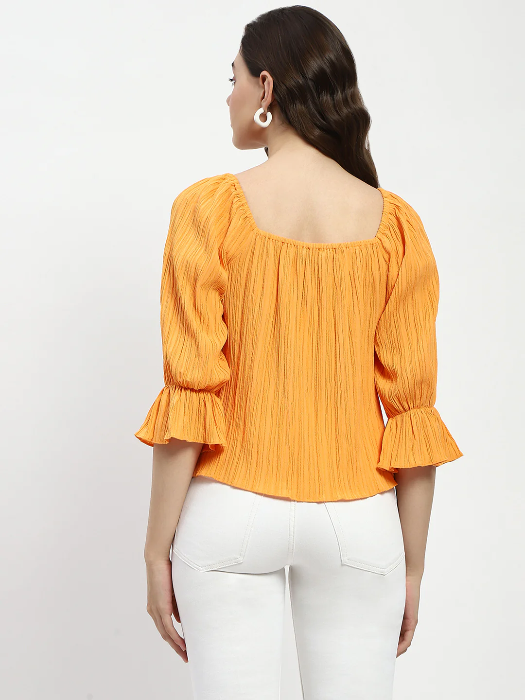 Madame Textured Cotton Blend Smocked Orange Top - Image 6
