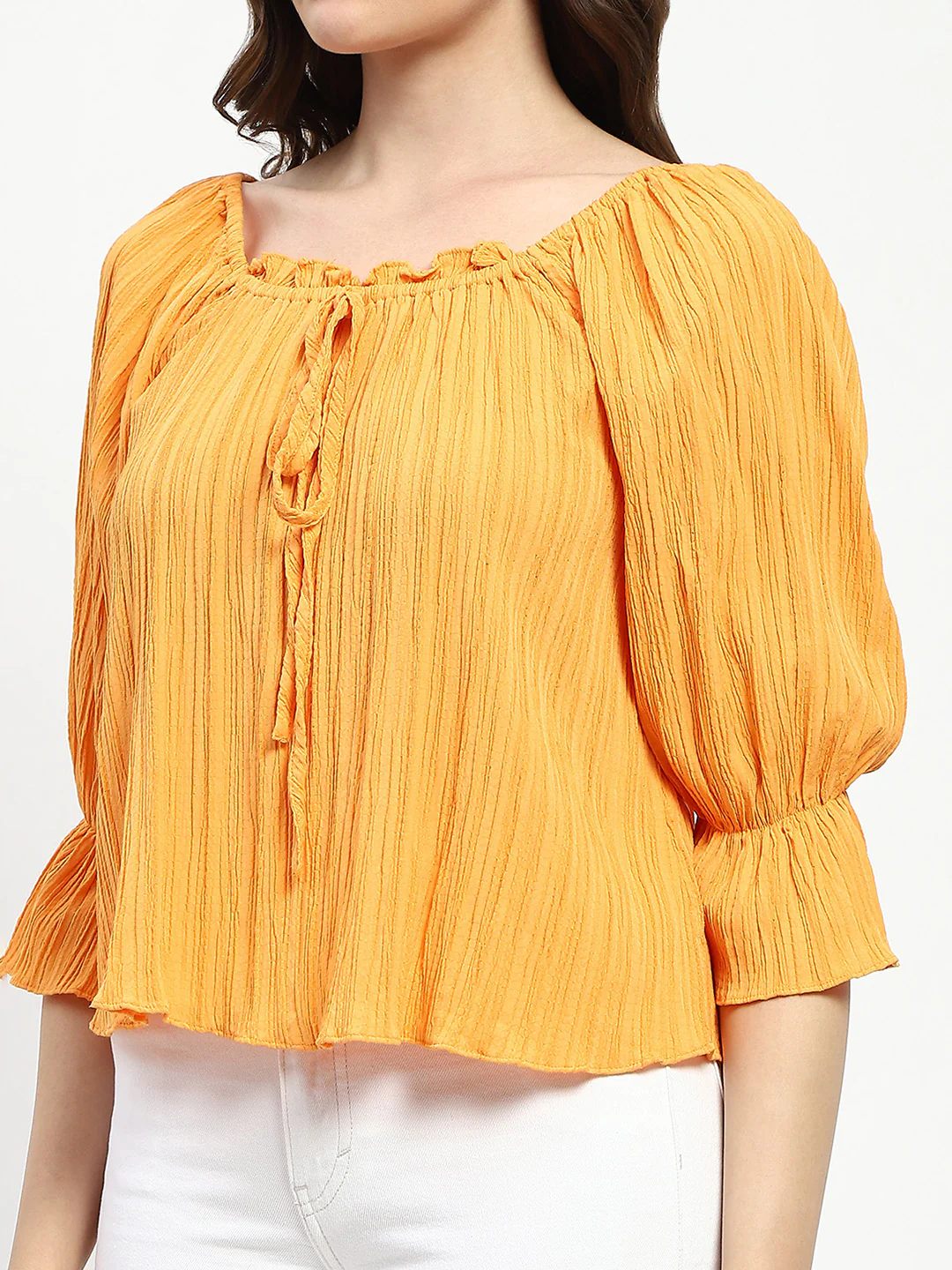 Madame Textured Cotton Blend Smocked Orange Top - Image 7