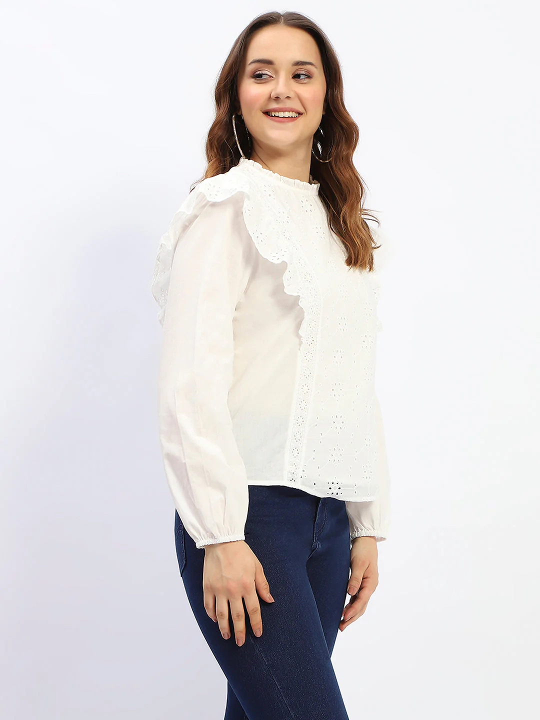 Madame Schilffli Adorned Ruffle Neck Off White Cotton Top - Image 3