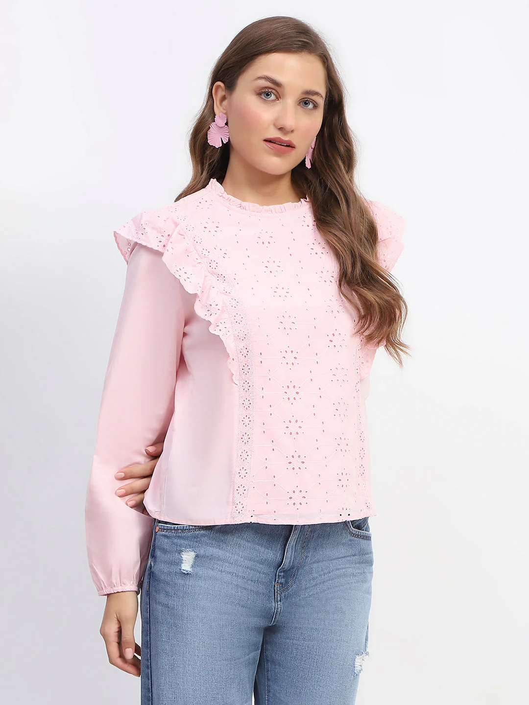 Madame Schilffli Adorned Ruffle Neck Pink Cotton Top - Image 4