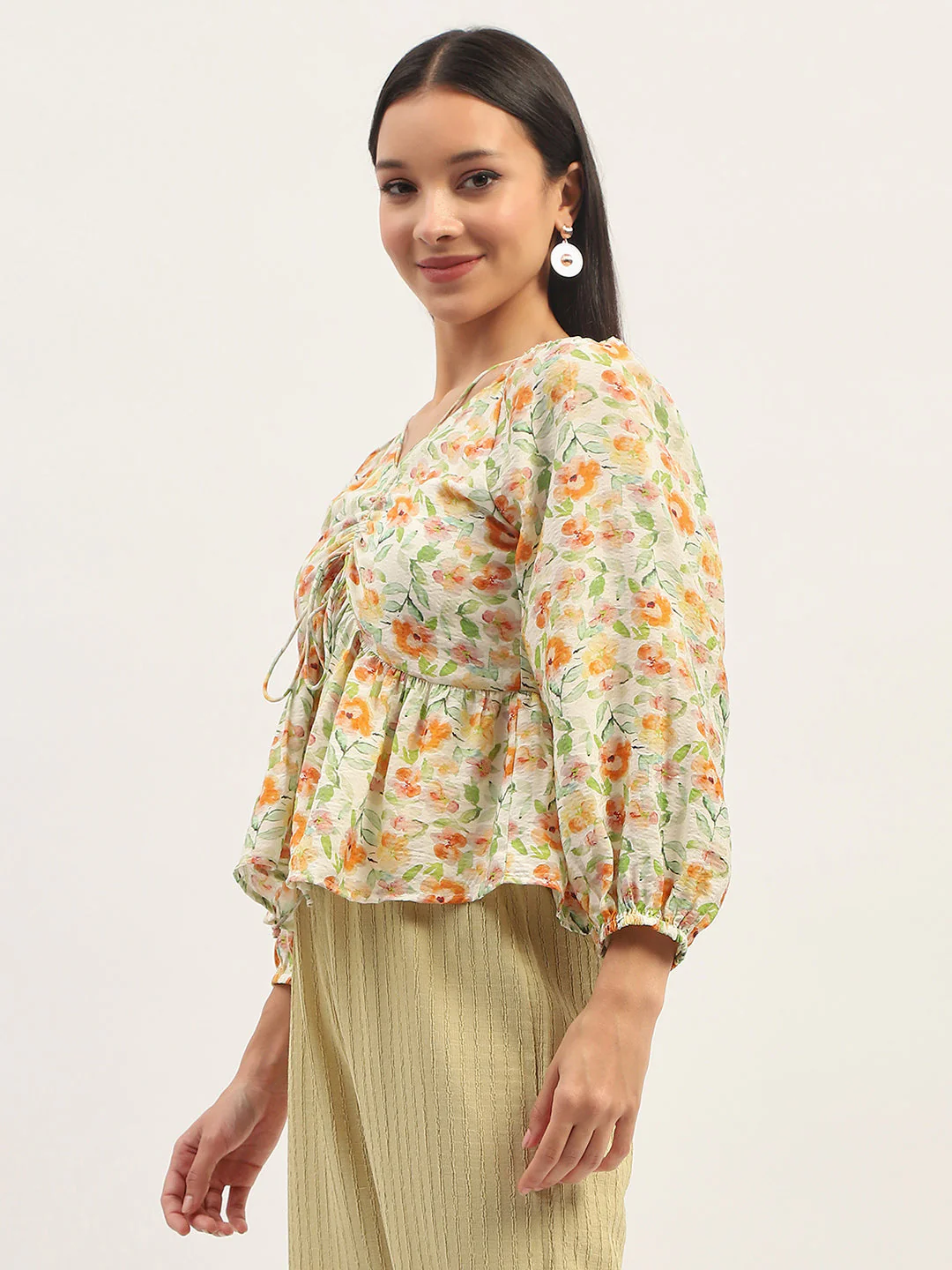 Madame Ruched Tie- Front Floral Printed Ivory Top - Image 5