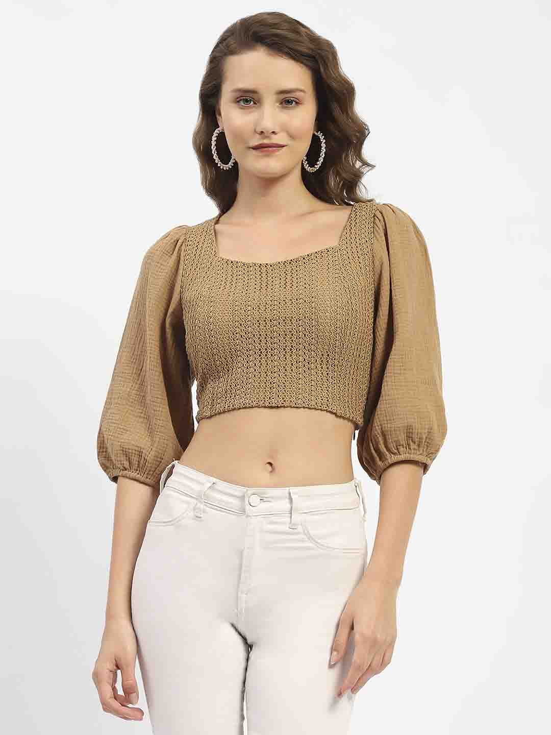Madame Square Neck Brown Crop Top