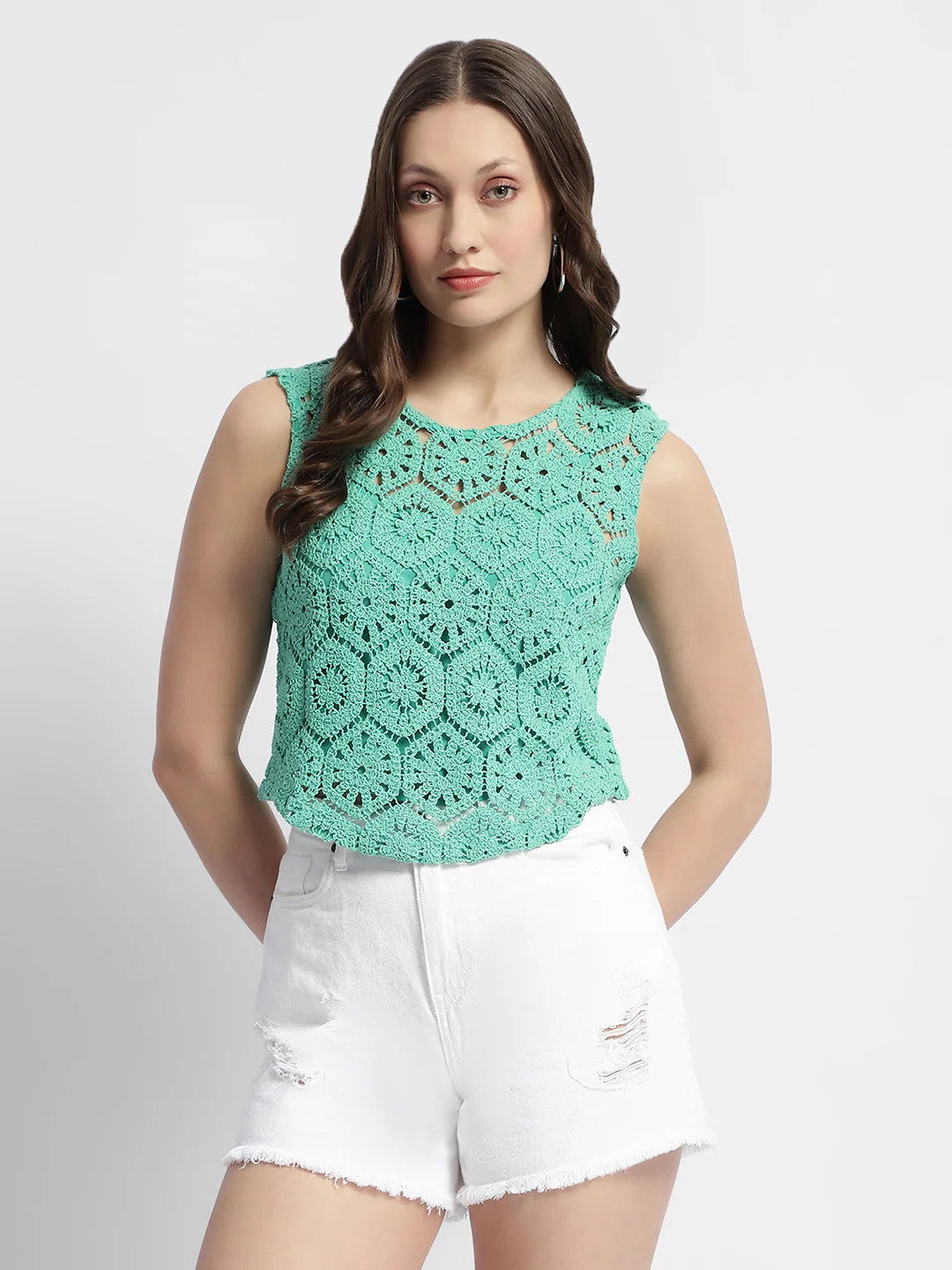 Madame Sleeveless Turquoise Green Crochet Top - Image 3