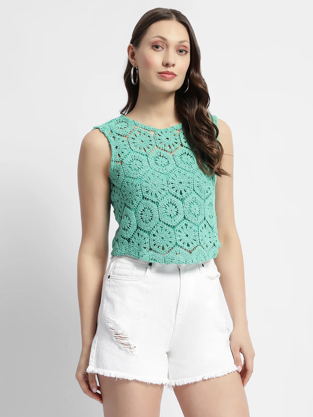 Madame Sleeveless Turquoise Green Crochet Top - Image 4