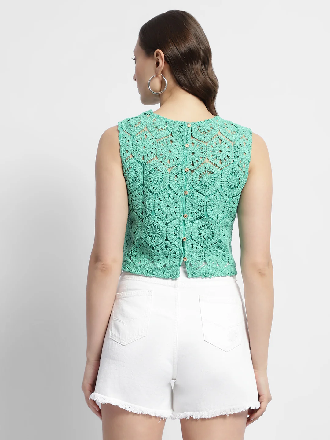 Madame Sleeveless Turquoise Green Crochet Top - Image 6