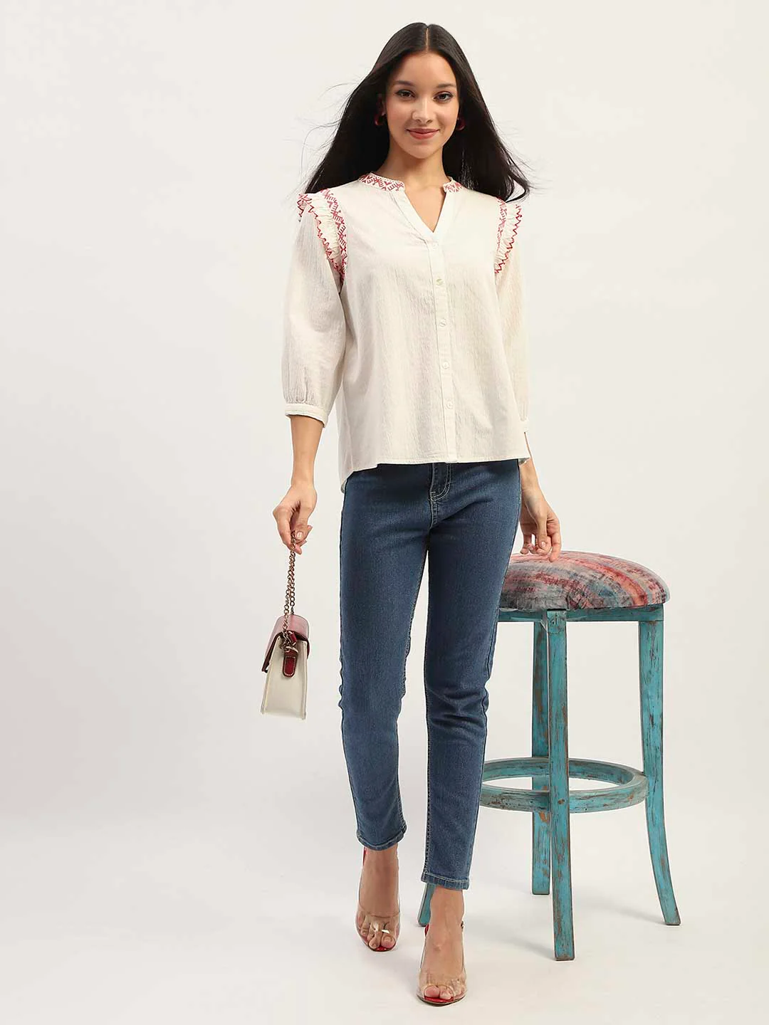 Madame Embroidery Detailing Off White Top - Image 3