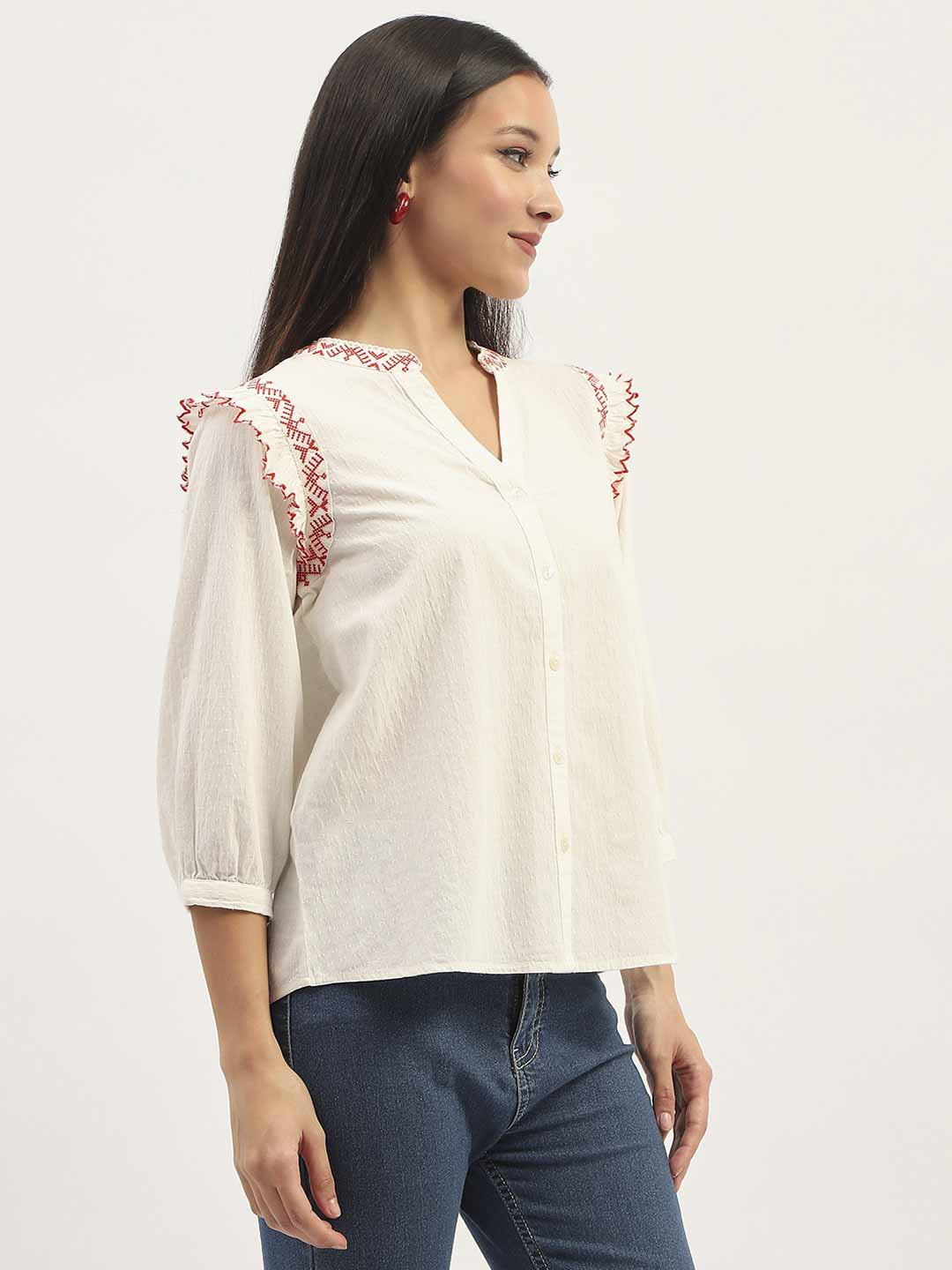 Madame Embroidery Detailing Off White Top - Image 4