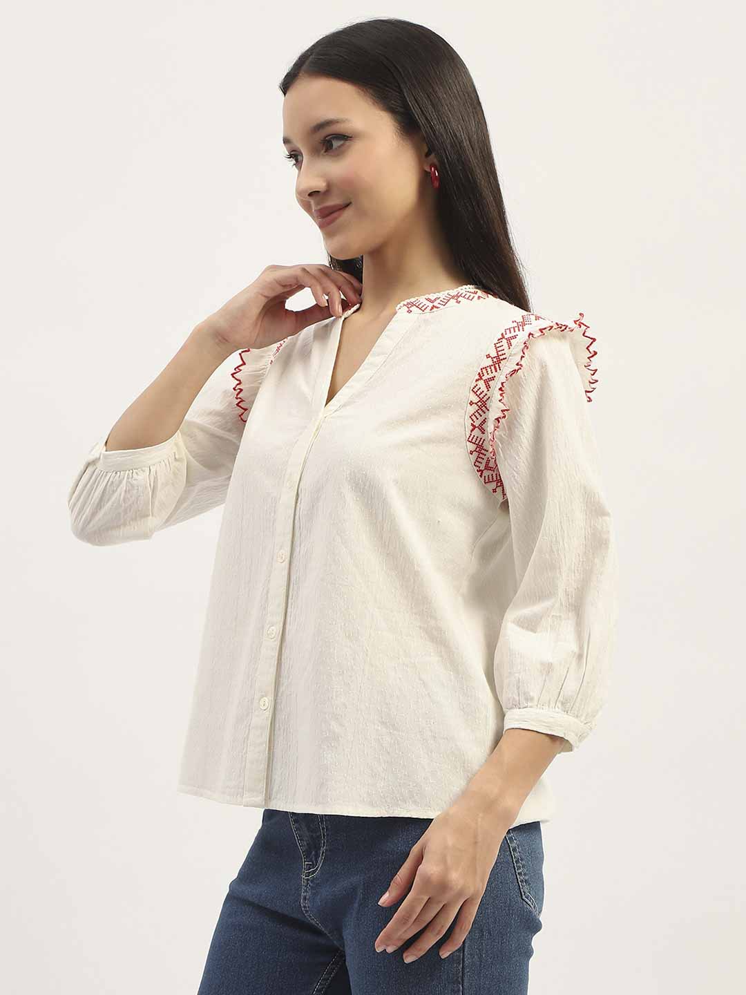 Madame Embroidery Detailing Off White Top - Image 5