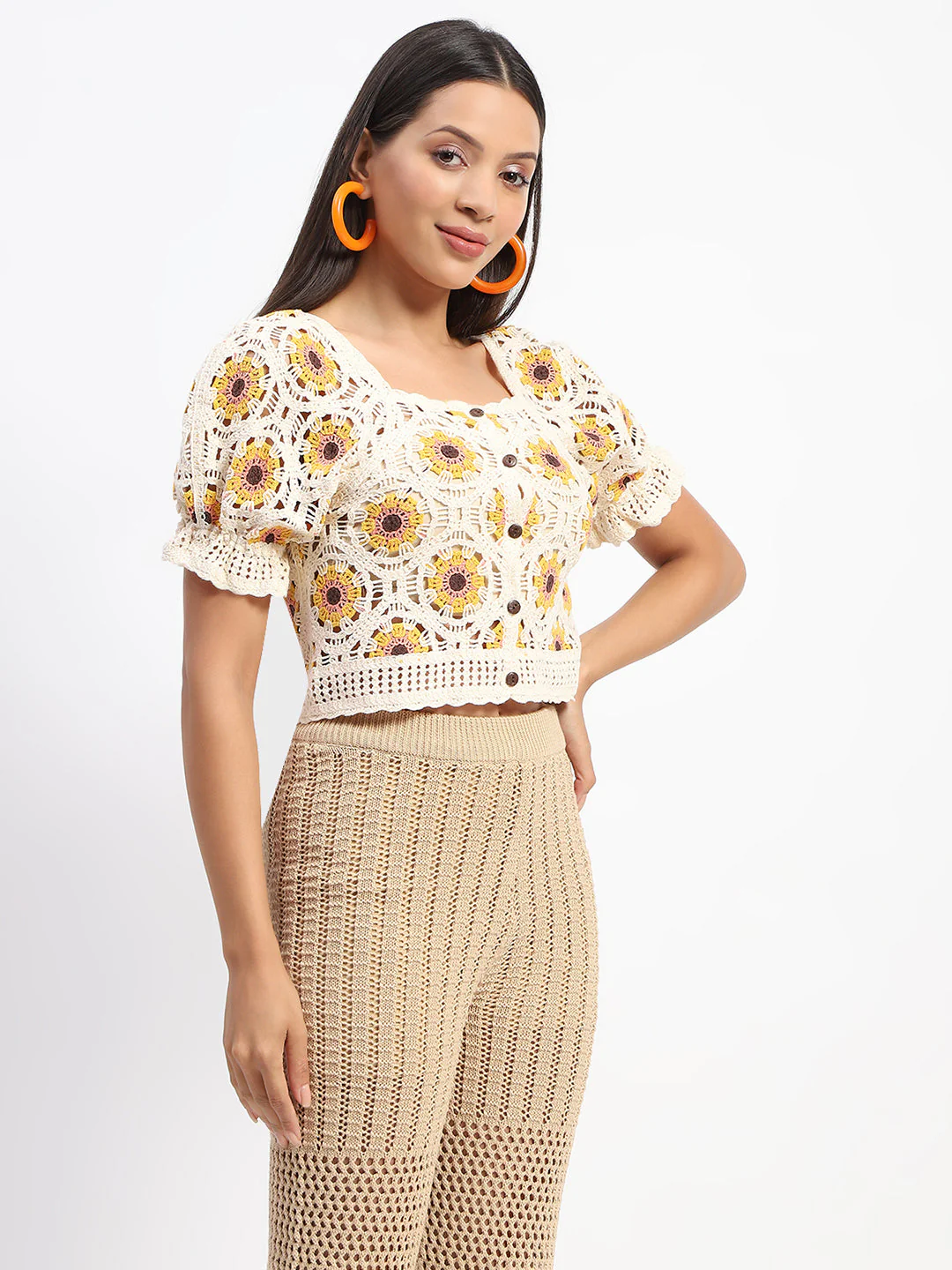 Madame Floral Print Beige Cotton Crochet Top - Image 3