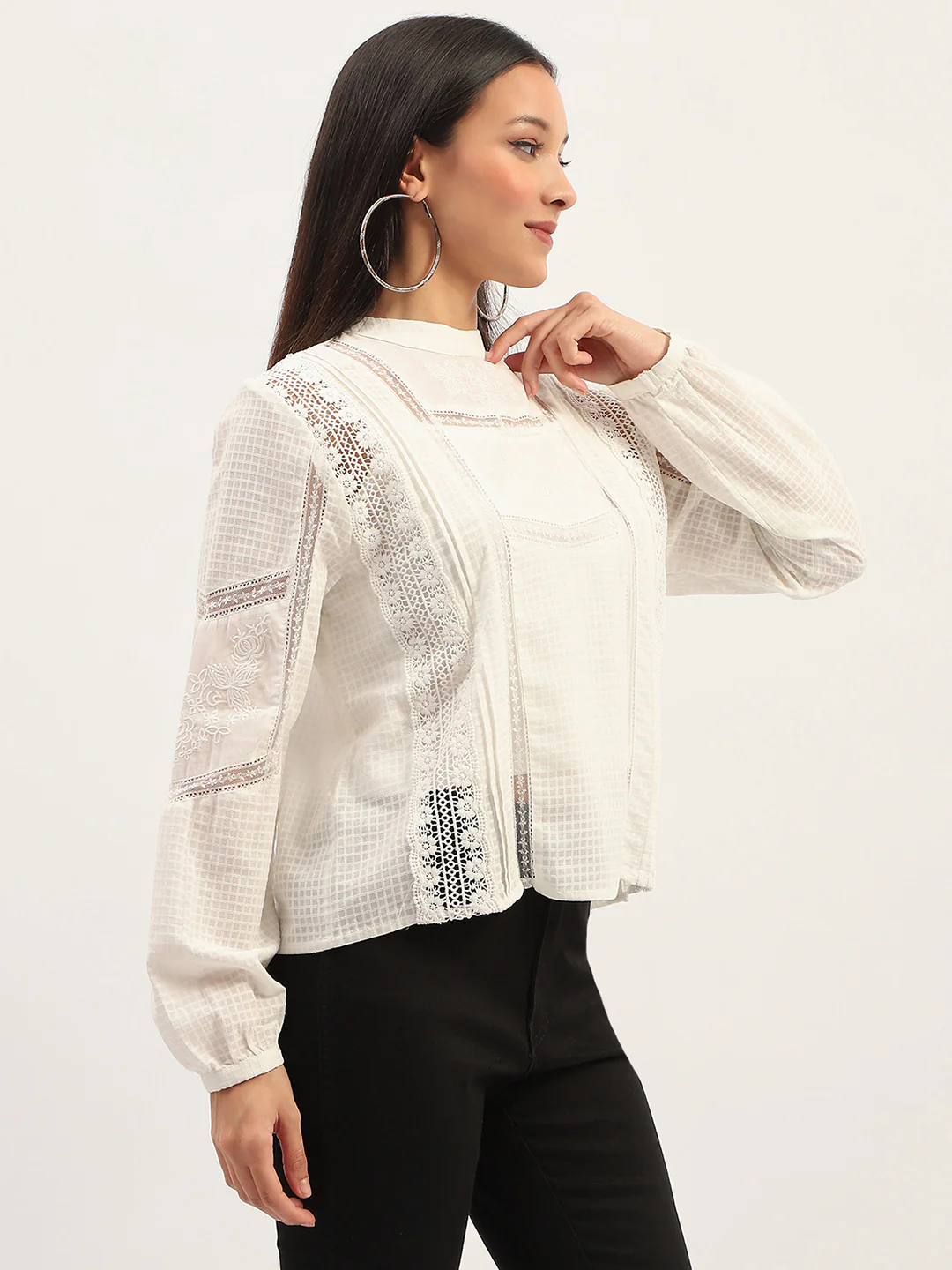 Madame Lace Detailing Solid White Top - Image 3