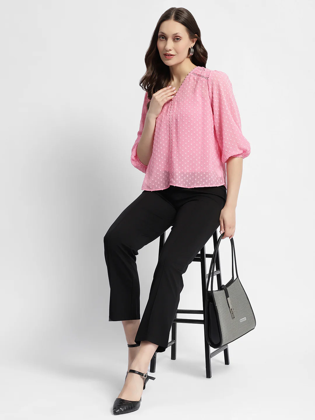 Madame V-Neck Puffed Sleeve Pink Dobby Top - Image 2