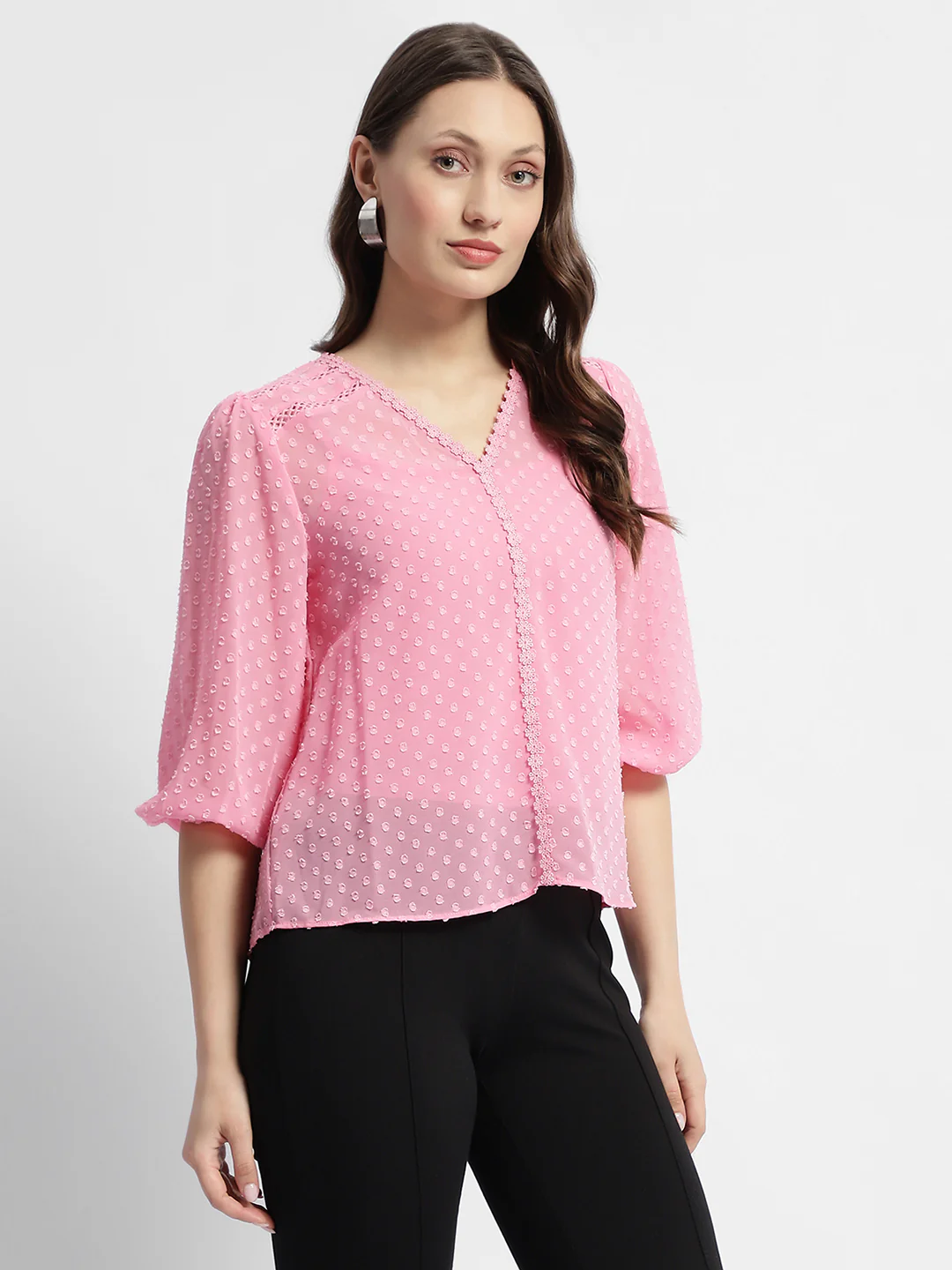 Madame V-Neck Puffed Sleeve Pink Dobby Top - Image 3
