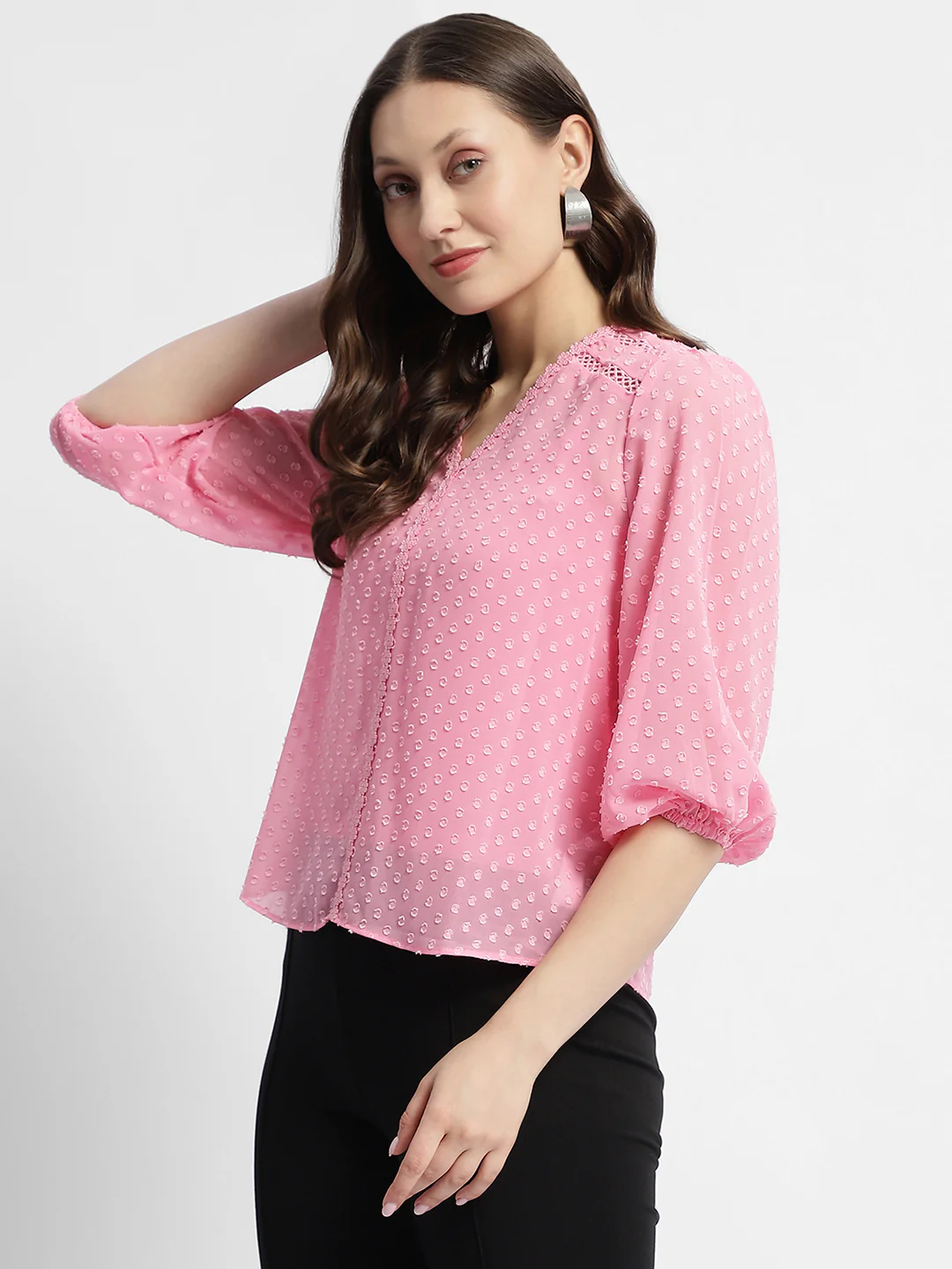 Madame V-Neck Puffed Sleeve Pink Dobby Top - Image 4
