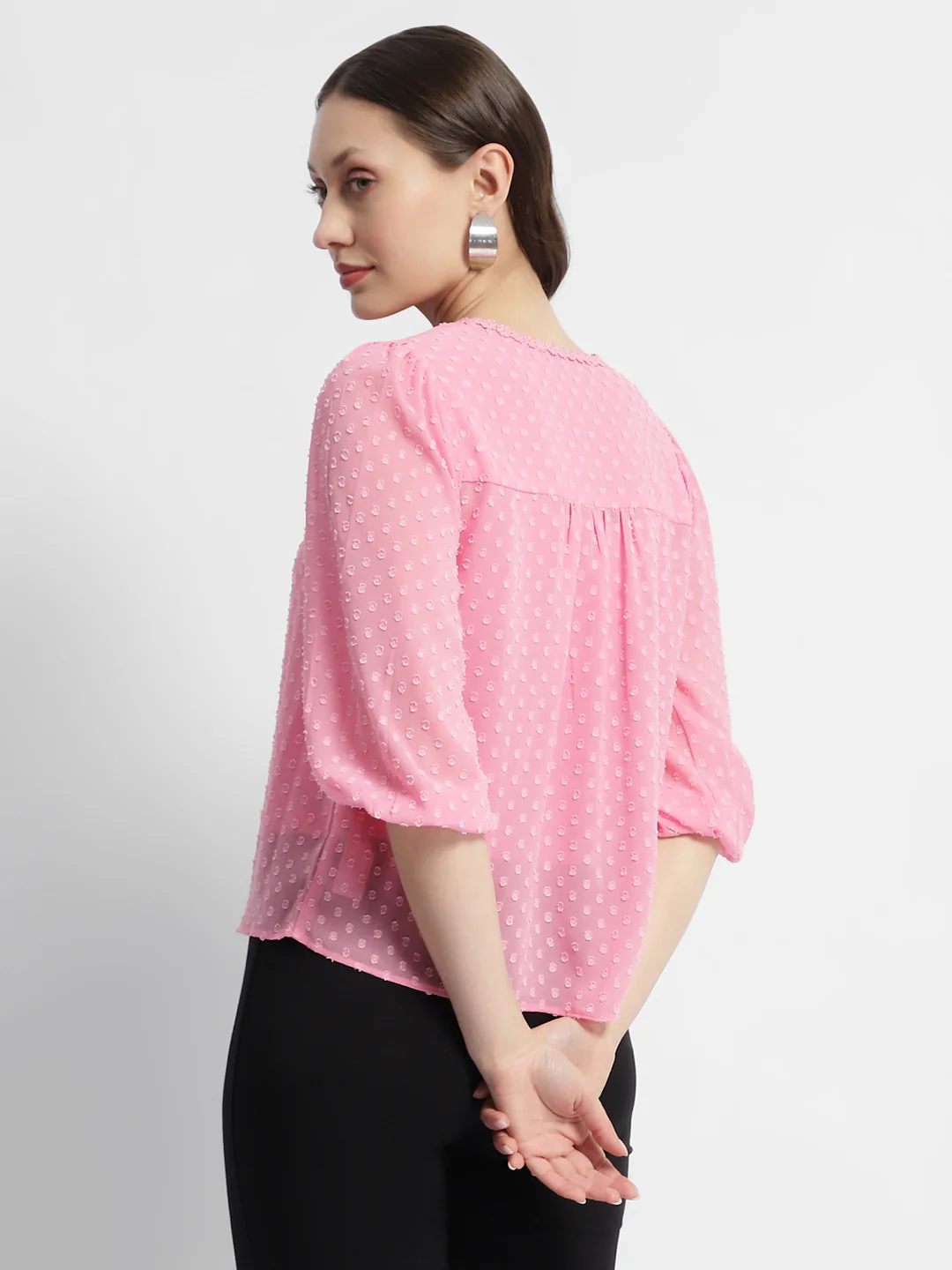 Madame V-Neck Puffed Sleeve Pink Dobby Top - Image 6