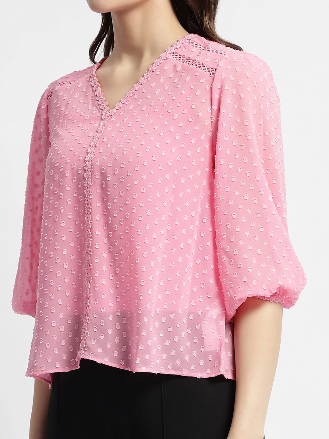 Madame V-Neck Puffed Sleeve Pink Dobby Top - Image 7