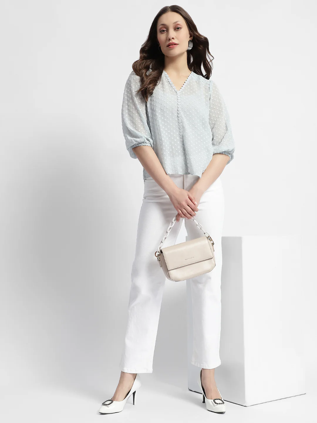 Madame Puffed Sleeve Dobby Sky Blue Top - Image 2